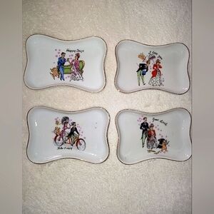 RARE Vintage Card Player Dish Set Of 4 Victorian Images w Messages Made In Japan